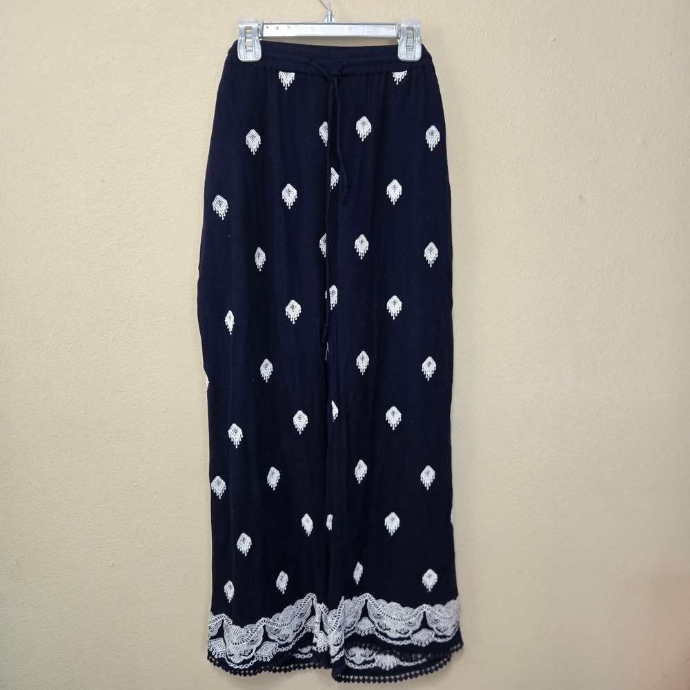 Sundance Navy Blue Embroidered Lace Hem Wide Leg Boho Pants Medium
